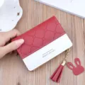 Short red white contrast wallet with zipper tassel and cute rabbit pendant for women. - Wine Red