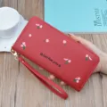 Red long wallet for women, PU leather zip-around clutch purse with floral embroidery and wrist strap. - Red