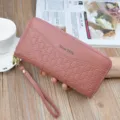 Pink long leather wallet with double zippers and wrist strap, stylish and large capacity clutch. - Taro Purple