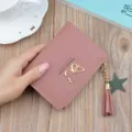 Pink short women's wallet with metal butterfly decor and tassel pendant, stylish mini PU leather purse. - Deep Pink