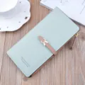 Women long pu leather wallet zipper card holder elegant green purse with cute snap closure - Green