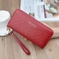 Red women's long double zipper clutch wallet with wrist strap soft leather purse bag - Wine Red