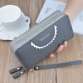 Grey double zipper long wallet for women, large capacity lychee pattern PU leather clutch bag. - Gray