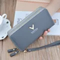Grey double zipper long wallet for women, stylish pebbled leather wristlet clutch bag. - Gray