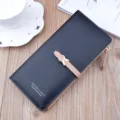Stylish long women wallet with zipper closure and pink buckle soft leather card holder. - Black