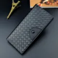 Black mens woven long wallet classic design leather card holder large capacity purse chic style. - Black