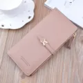 Pink long women wallet with zipper buckle, soft leather card holder, fashion student purse. - Khaki
