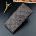 Men's long leather wallet with vintage woven pattern, large capacity card slots, stylish design. - Dark Brown