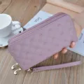 Women long wallet double zipper clutch soft leather quilted crown purse pink stylish - Purple