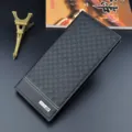 Men's long black wallet with stylish checkered pattern, soft leather card holder for daily use. - Black