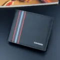 Men's short black wallet with stylish stripes and card slots, premium PU leather material. - Black