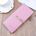 Pink long wallet for women with zipper closure, card slots, soft leather and cute rabbit clasp. - Pink