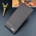 Men long checkered wallet PU leather card slot fashion casual brown business purse vintage style - Dark Coffee