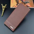 Men long brown leather wallet checkerboard pattern card slots slim business casual purse - Light Coffee