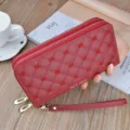 Women red long wallet double zipper clutch quilted crown embroidery PU leather purse daily use. - Wine Red