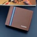 Men's short brown Saffiano leather wallet with stylish stripe design and multiple card slots. - Light Coffee