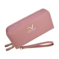 Pink women long double zipper wallet fashion pu leather clutch handbag with wrist strap - Pink