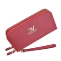 Women's double zipper long wallet with wrist strap stylish large capacity red phone purse - Wine Red