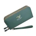 Dark green women's long wallet with double zippers and wrist strap, large capacity clutch. - Green