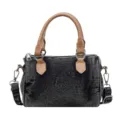 Washed denim Boston bag for women, retro casual handbag with top handle and shoulder strap. - Black