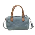 Women denim boston handbag casual vintage shoulder crossbody bag brown leather handle - Light Blue