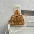 Borsa intrecciata in legno di bambù fatta a mano con manico di perle elegante borsa a tracolla - Stile Perla