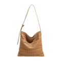 Élégant sac porté épaule marron clair tissé, grande capacité fourre-tout cabas femme chic. - Marron