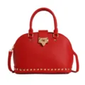 Bolso de mano rojo con tachuelas doradas y asa, elegante bolso de hombro de cuero. - Rojo