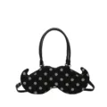 Novelty mustache shoulder bag, black polka dot handbag, stylish women PU leather tote. - Black