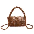 Borsa a mano con perline di legno da donna, borsa da spiaggia intrecciata vintage design cavo. - Marrone