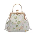 Elegante geborduurde bloemen handtas met parelriem en metalen handvat voor dames. - Groen