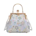 Vintage bloemen brokaat kiss-lock schelp handtas met parelkettingriem, elegante avondtas variant. - Blauw