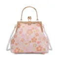 Roze bloemige brokaat tas met kussenslot en parelriem vintage avondhandtas voor dames - Roze