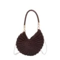 Brown crochet shell shoulder bag with pearl strap handmade beach handbag for women - Coffee