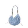 Light blue woven seashell handbag with pearl chain, stylish beach shoulder bag for women. - Blue