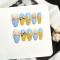 Set unghie finte fatte a mano rimovibili sfumatura blu gialla con decorazione fiocco 3D - Extra Piccolo (XS) / Stile Perla Fiocco 3D Sfumato Blu Giallo (W453)