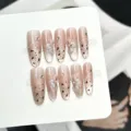 Unghie finte fatte a mano sfumatura nude con fiori in 3D e strass brillanti per nail art - Extra Piccolo (XS) / Stile Fiore Bianco 3D con Macchie Sfumate (W457)