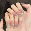 Handmade press-on nails nude pink cat eye gradient rhinestone hand-painted lily of the valley - Extra Small XS / Medium Oval