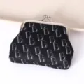 Black coin purse with metal kiss lock and letter print, retro mini money pouch card holder. - Black