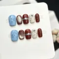 Unghie finte fatte a mano quadrate corte set di decorazioni per uso quotidiano - Extra Piccolo (XS) / Stile Multi Misto Macchiato Stella Oro Occhio Gatto Blu (W471)