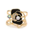 Elegant gold camellia scarf buckle black enamel pearl brooch coat clip fashion accessory. - Gold Black Camellia