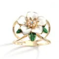 Gold metal gardenia flower scarf buckle with white enamel pearls and rhinestones for women. - Gold Gardenia