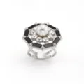 Fibbia per sciarpa vintage francese perla strass tonalità argento con smalto nero - Nero