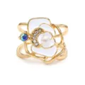 Gold plated camellia flower scarf buckle ring with pearl rhinestone for women clothing accessory - Gold White Enamel Camellia