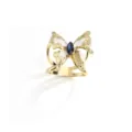Elegante anello per sciarpa a farfalla dorata con smalto bianco e cristallo blu. - Oro