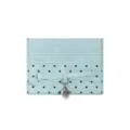 Light blue polka dot cardholder with cute bow and heart charm, slim PU leather credit card case. - Pale Blue
