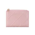 Pink quilted bifold wallet for women, stylish compact short purse with gold zipper closure. - Pink