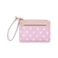 Pink patent leather polka dot card holder, mini coin purse with wrist strap for women. - Pink