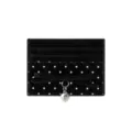 Black polka dot cardholder with cute bow and silver heart pendant, slim chic wallet. - Black