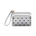 Silver polka dot card wallet coin purse with wrist strap and zipper closure compact size. - Pearlescent Silver